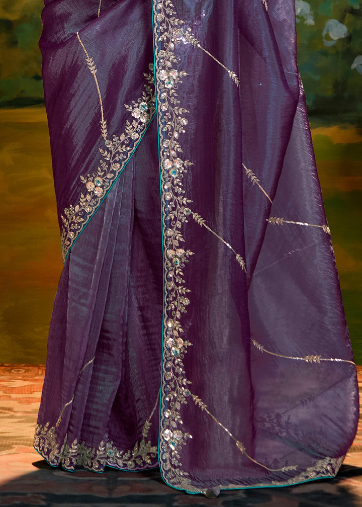 Eminence Purple Saree With Embroidery And Handwork Designer Cut Border