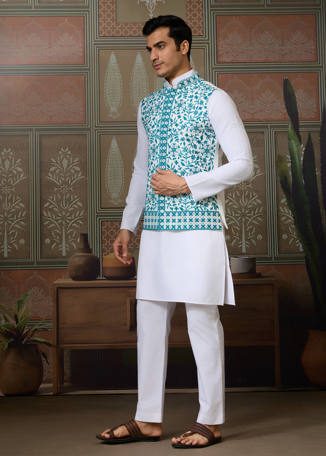White Kurta And Pant With Powdered Blue Embroidered Nehru Jacket