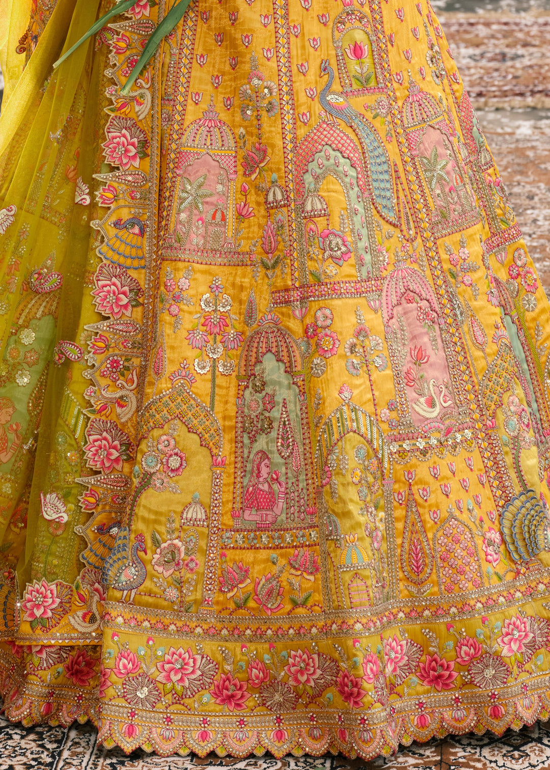 Yellow & Green Fancy Silk Lehenga Choli With Cut Work Embroidery Border & Stone Work