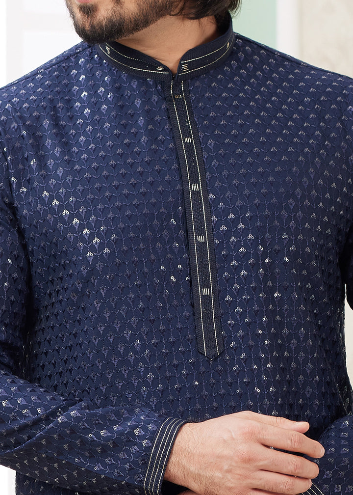 Dark Blue Silk Mens Kurta Set With Thread Embroidery Work