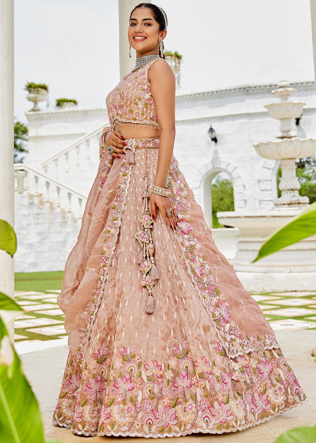 Nude Satin Silk Lehenga Choli with Sequinned Embroidered