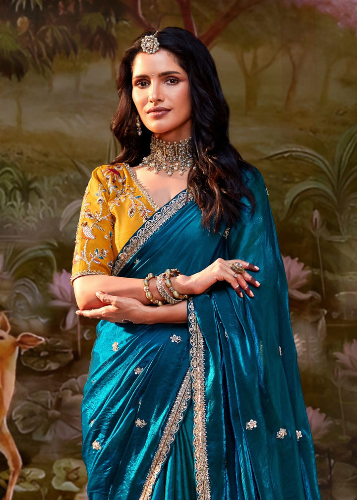 Mustard And Teal Blue Saree With Embroidery And Handwork Designer Cut Border