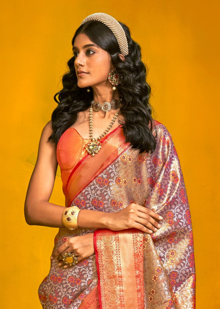 Orange And Grey Pure Dharamavaram Silk Saree