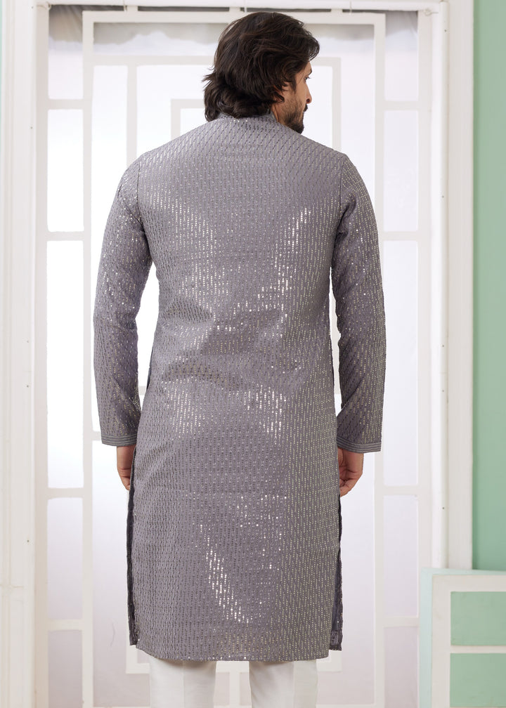 Flint Grey Silk Mens Kurta Set With Thread Embroidery Work