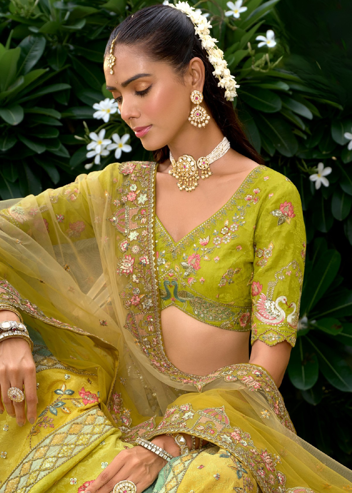 Olive Yellow Floral Silk Lehenga With Cut Work Border And Embroidery