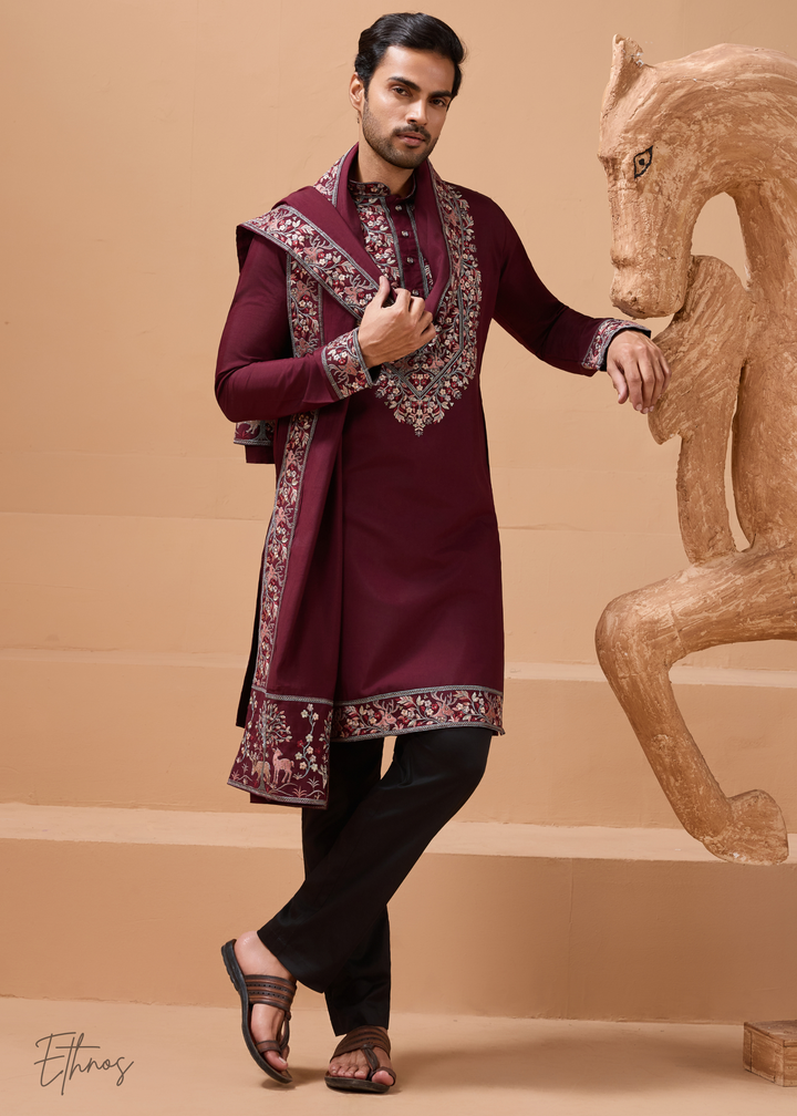 Maroon Mens Wear Silk Kurta With Pant And Dupatta