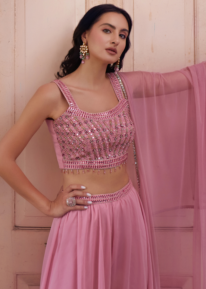 Ballet Slipper Pink Georgette Sharara Choli with Embroidery work