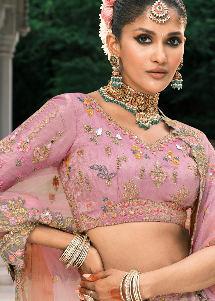 Pastel Pink Fancy Silk Lehenga Choli With Cut Work Embroidery Border & Stone Work