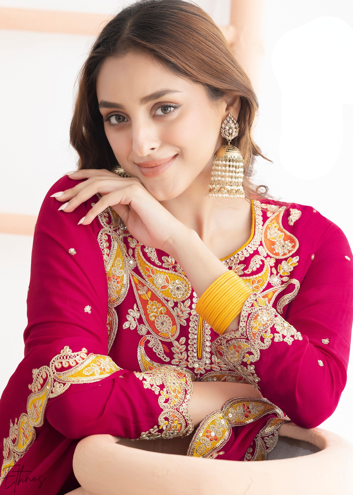 Hot Pink Appliqué Chinon Sharara Suit