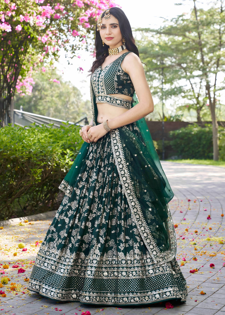 Green Sequins and Zari Embroidery Work Silk Lehenga