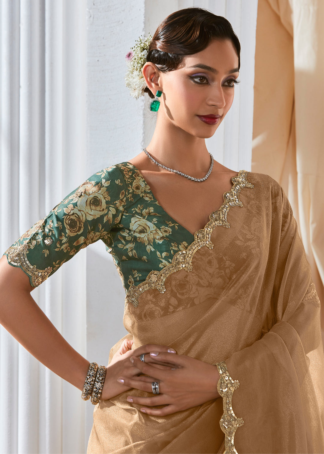 Wheat Brown Fancy Silk Saree With Printed Blouse