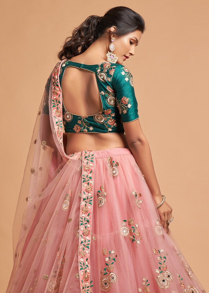 Grapefruit Pink Designer Soft Net Lehenga Choli with Zari, Dori, Thread & Sequins Embroidery work