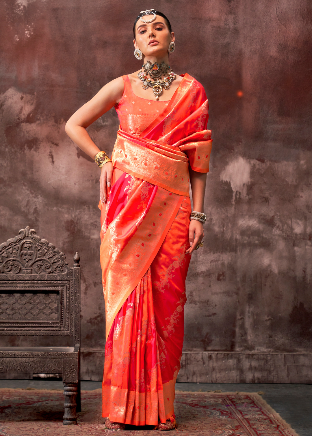 Pink & Orange Rangkaat Handloom Silk Saree