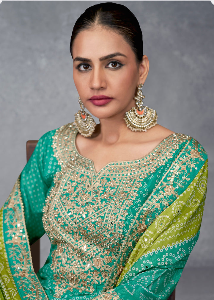 Teal Green Chinon Salwar Suit with Green–Yellow Dupatta