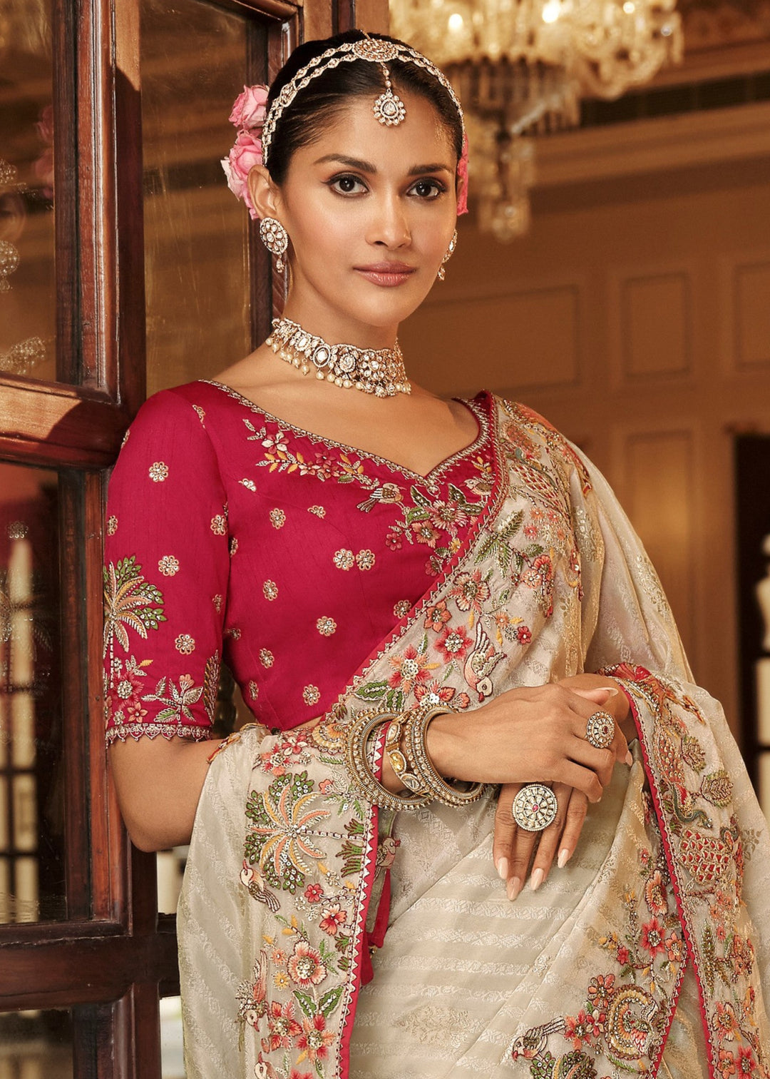 Vanila White With Pink Floral Embroidery Silk Saree