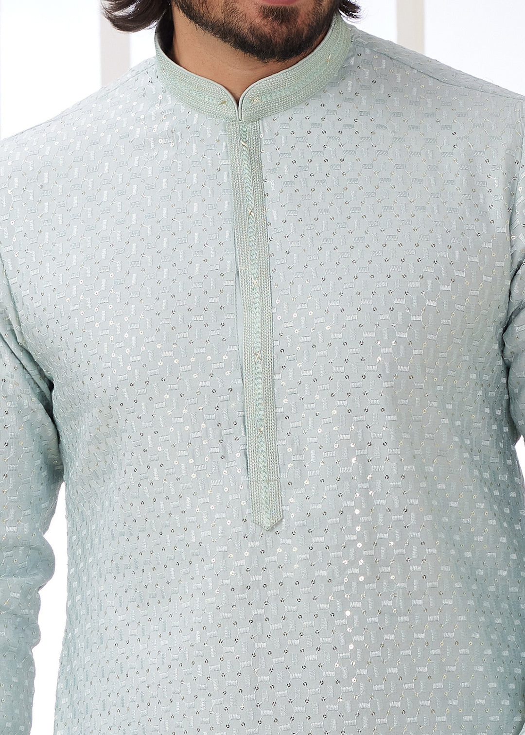 Light Blue Silk Kurta Set With Thread Embroidery Work