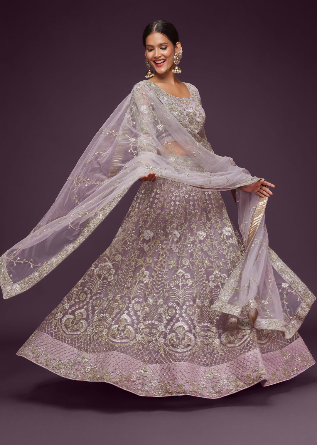 Dusky Orchid Soft Net Lehenga with Thread, Zari, Badla and Glitter Dori Embroidery Work