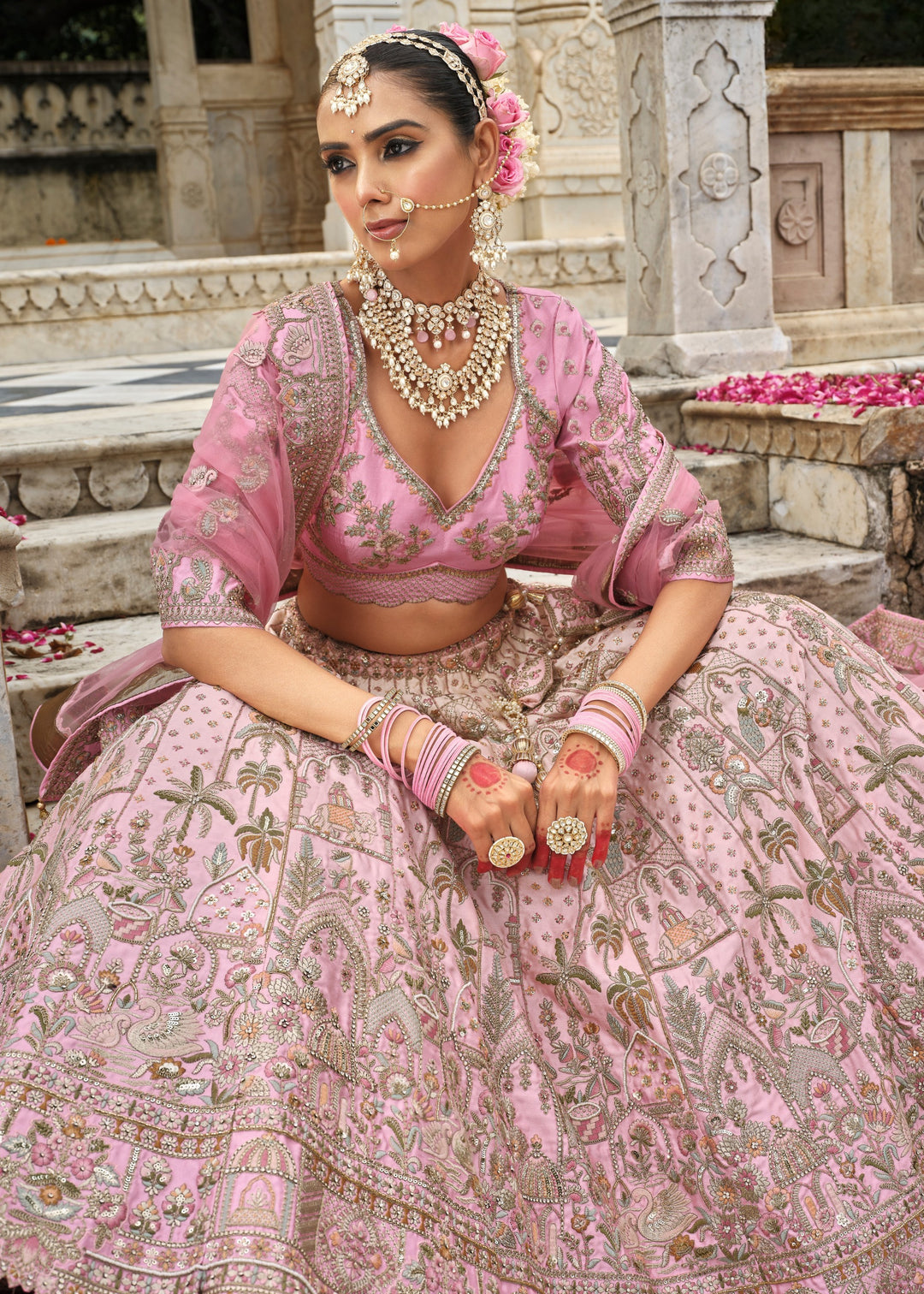 Pastel Pink Heavy Bridal Silk Lehenga With Khatli And Embroidery Work