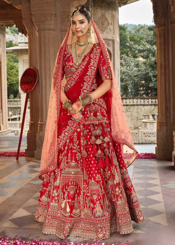 Cherry Red Heavy Bridal Silk Lehenga With Khatli And Embroidery Work