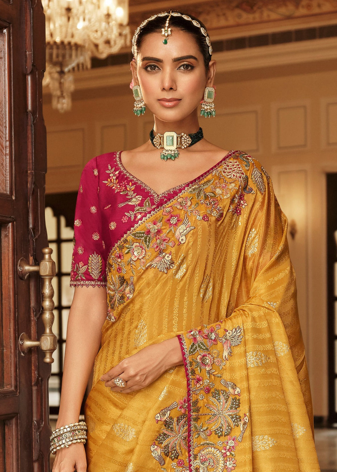 Golden Mustard With Pink Floral Embroidery Silk Saree