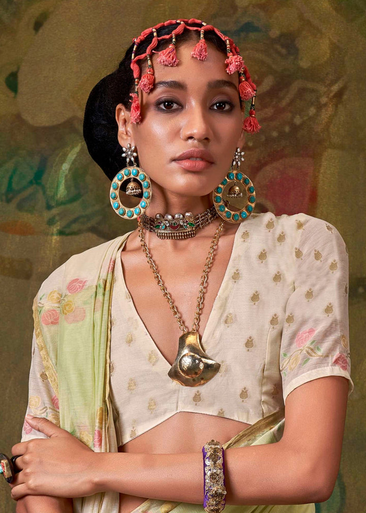 Off White And Green Cotton Silk Saree With Rangkaat Handloom Weaving