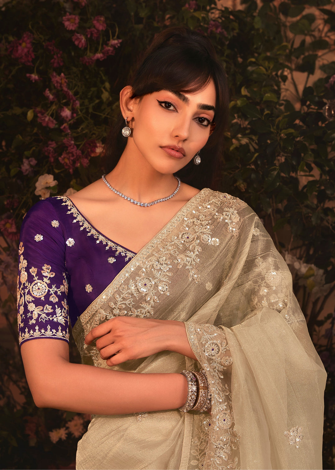 Beige Tissue Organza Saree With Heavy Embroidery
