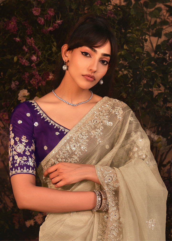 Beige Tissue Organza Saree With Heavy Embroidery