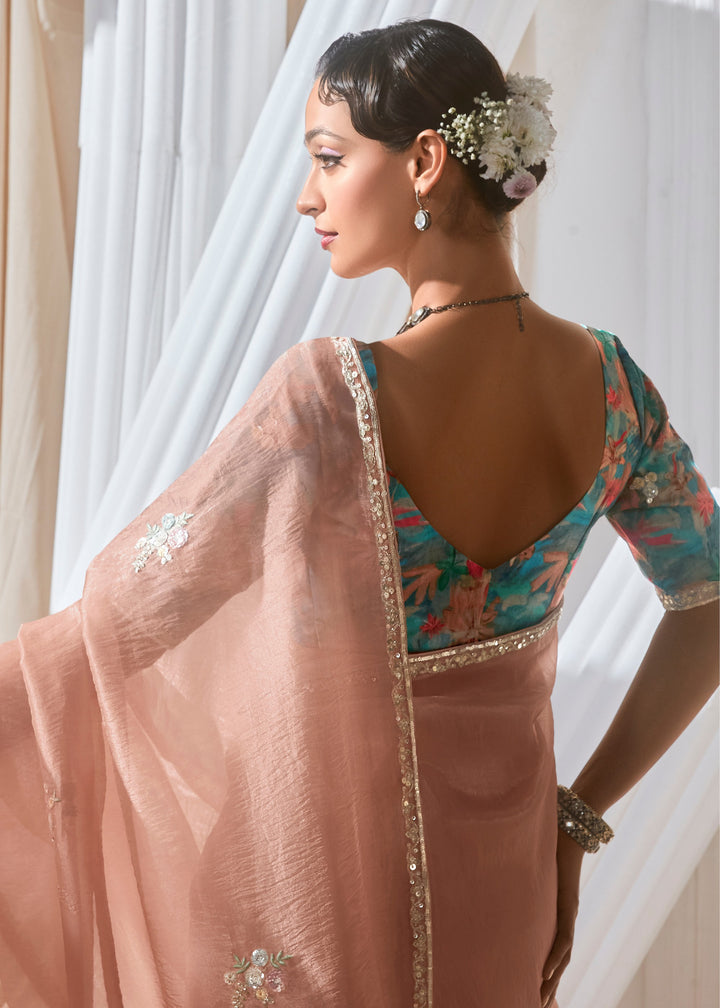 Peach Pink Fancy Silk Saree With Printed Blouse