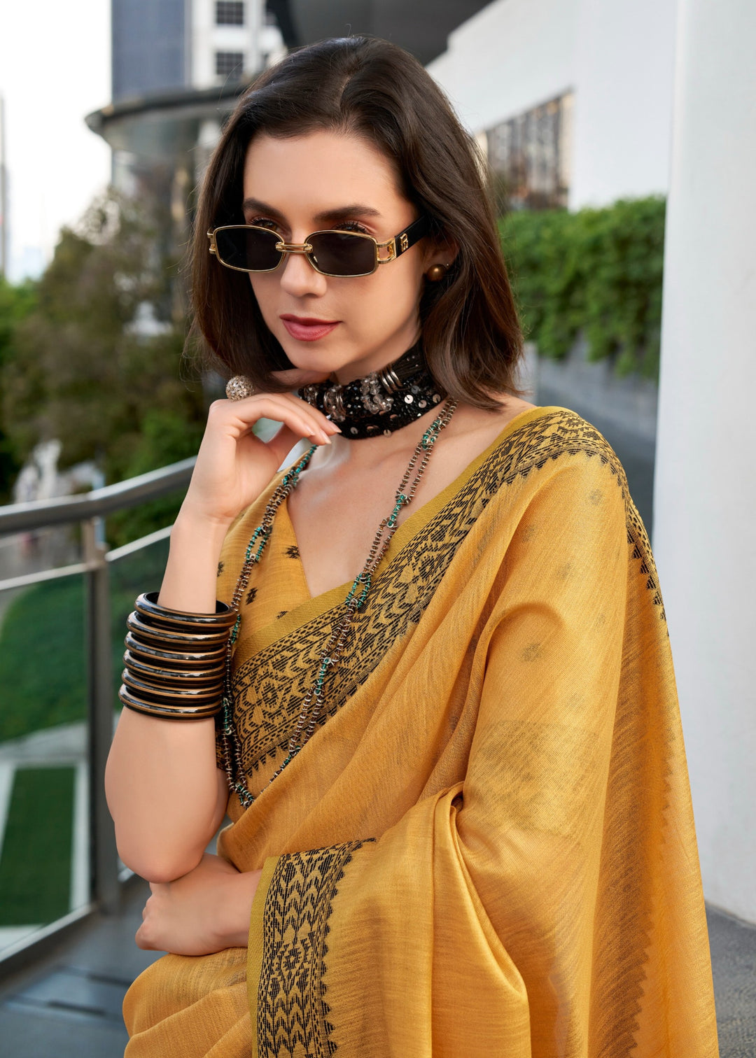 Mustard Yellow Linen Tissue Silk Saree