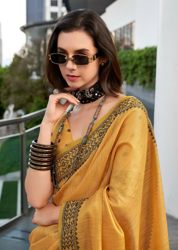 Mustard Yellow Linen Tissue Silk Saree
