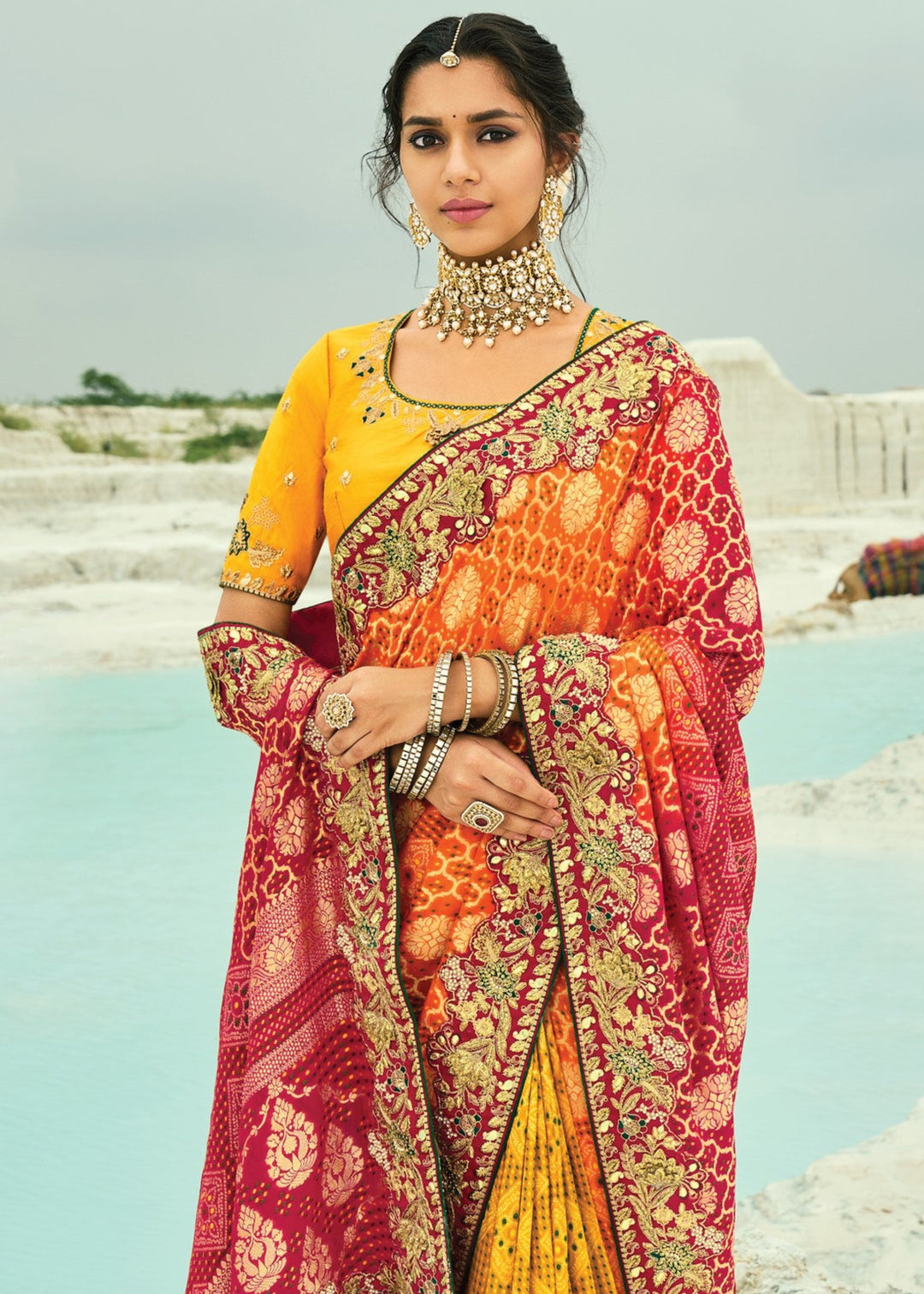 Yellow & Orange Georgette Bandhej Saree With Moti & Cut-Dana Handwork Border