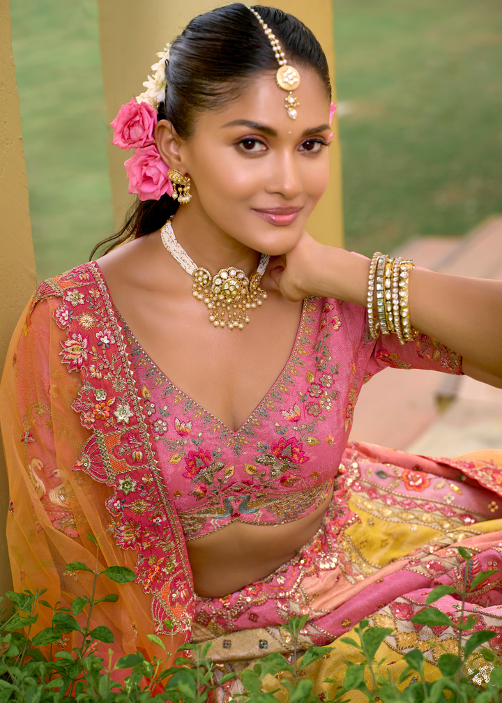 Peach Pink Ombre Silk Lehenga With Cut Work Border And Embroidery