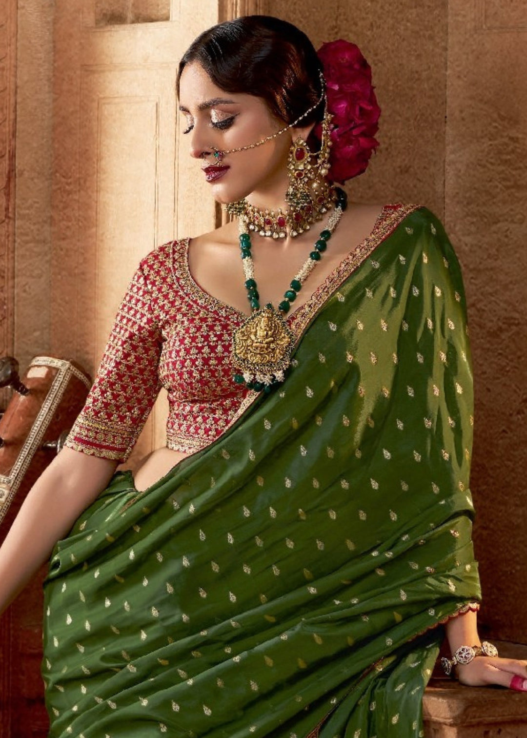 Mehendi Pure Viscous Crepe based fabric with Hand dying & Butti weaving Saree