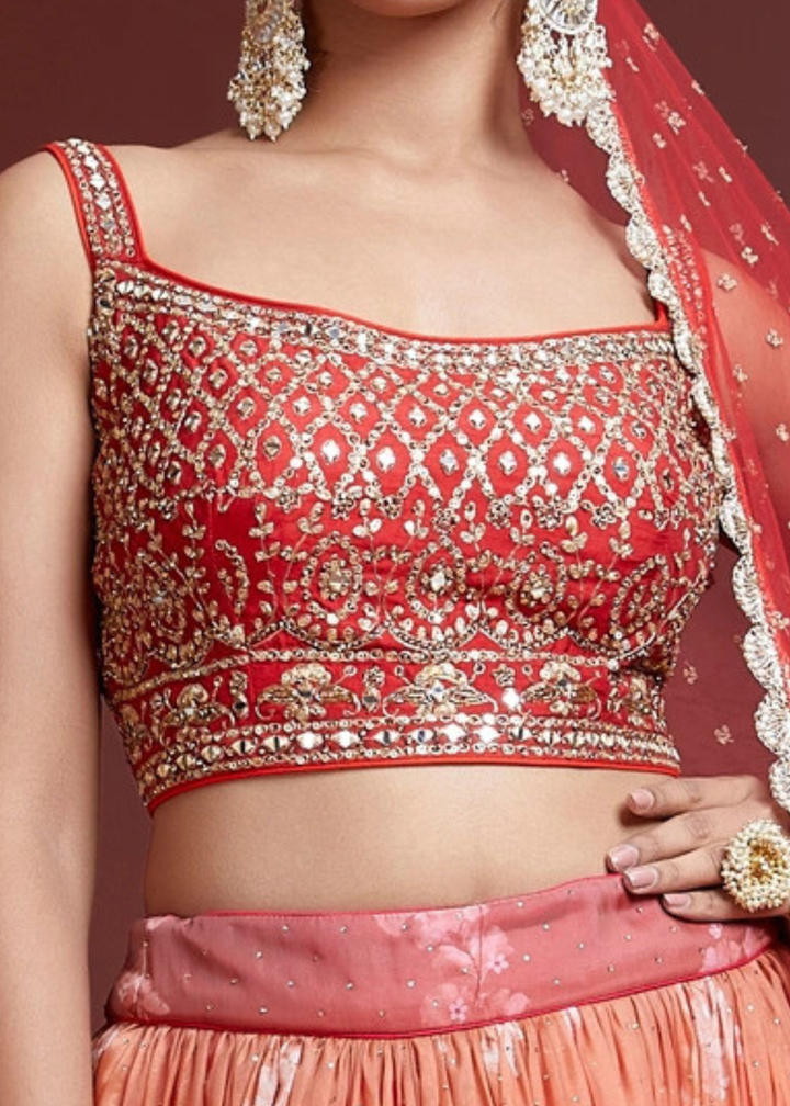 Shades Of Red Floral Printed Organza Silk Lehenga Choli with Swarovski & Mirror work