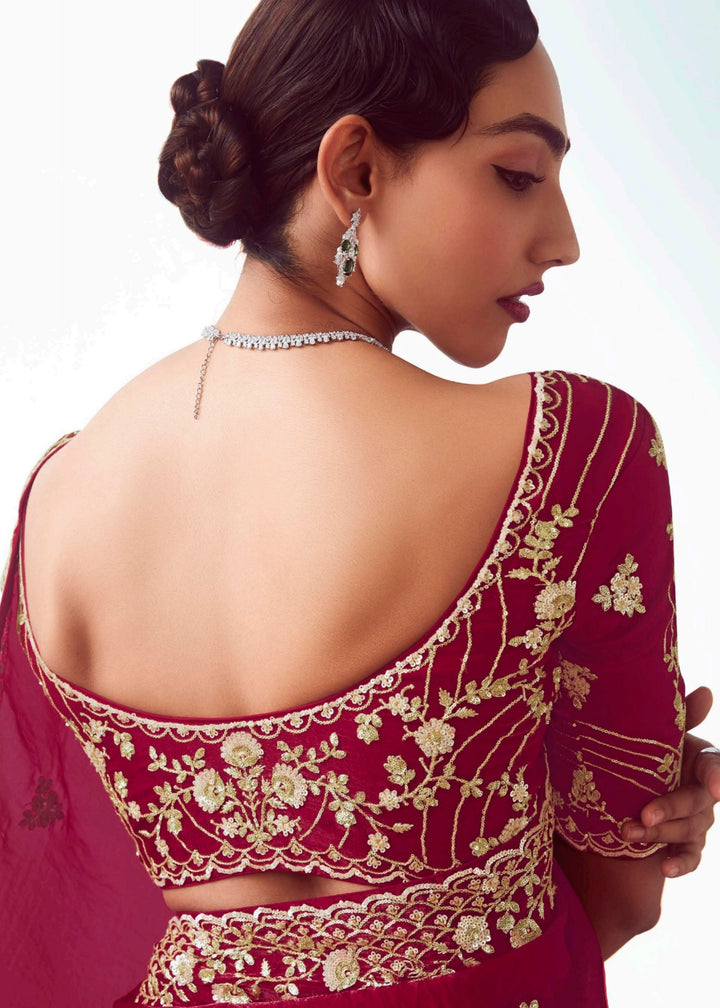 Maroon Red Fancy Fabric Silk Saree With Hand Embroidered Work And Cut Work Border