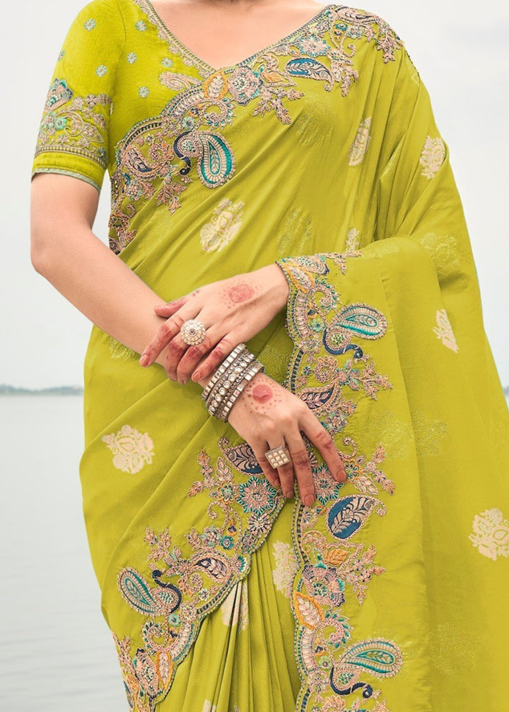 Lime Green Silk Saree With Embroidery Cut and Butti Work