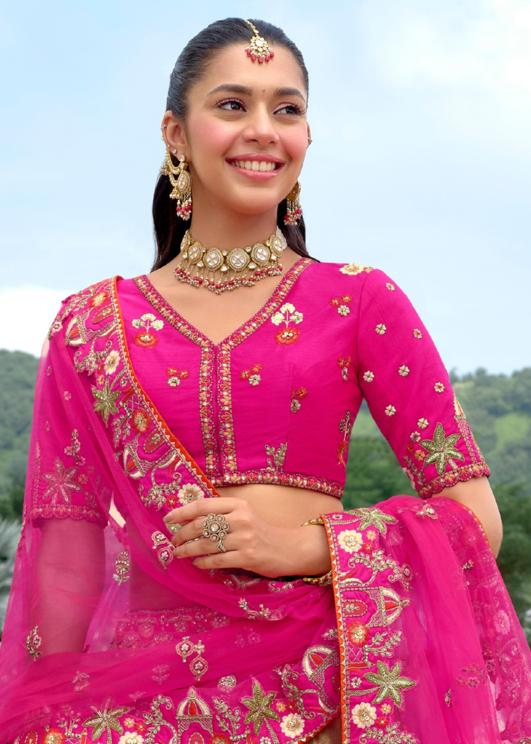 Rani Pink And Olive Green Silk Lehenga With Cut Work Border And Embroidery