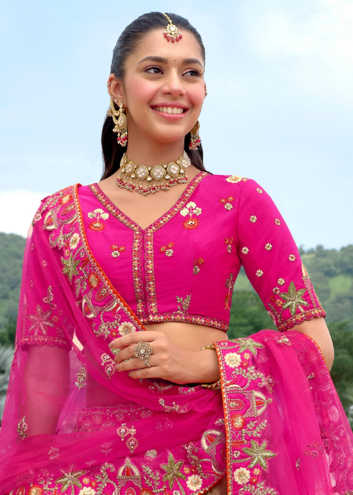 Rani Pink And Olive Green Silk Lehenga With Cut Work Border And Embroidery