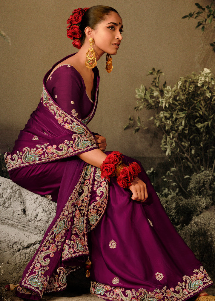 Mardi Gras Purple Dola Silk Saree with Hand Embroidery work