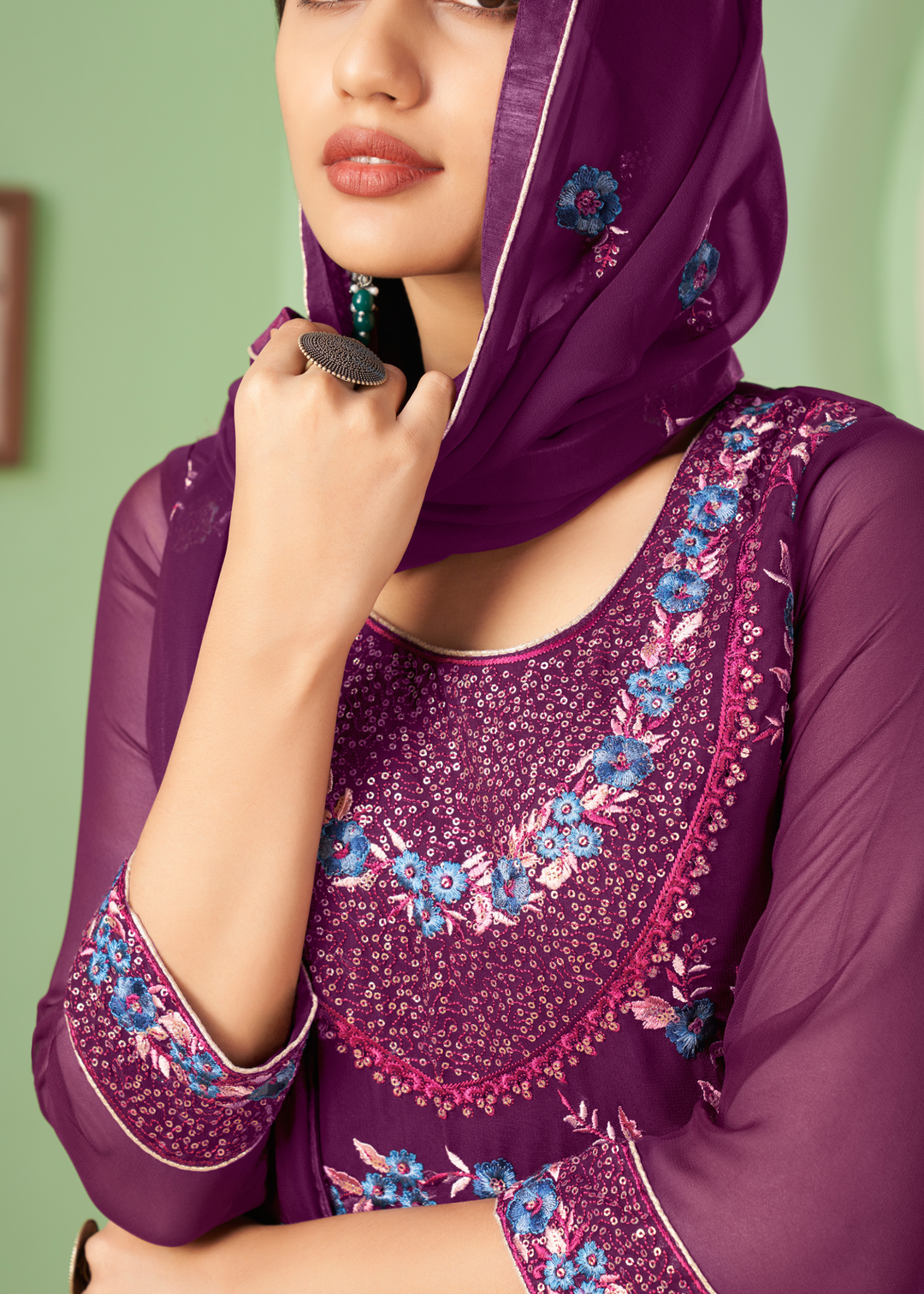 Lollipop Purple Georgette Salwar Suit with Multi Colour Thread Embroidery & Sequence work