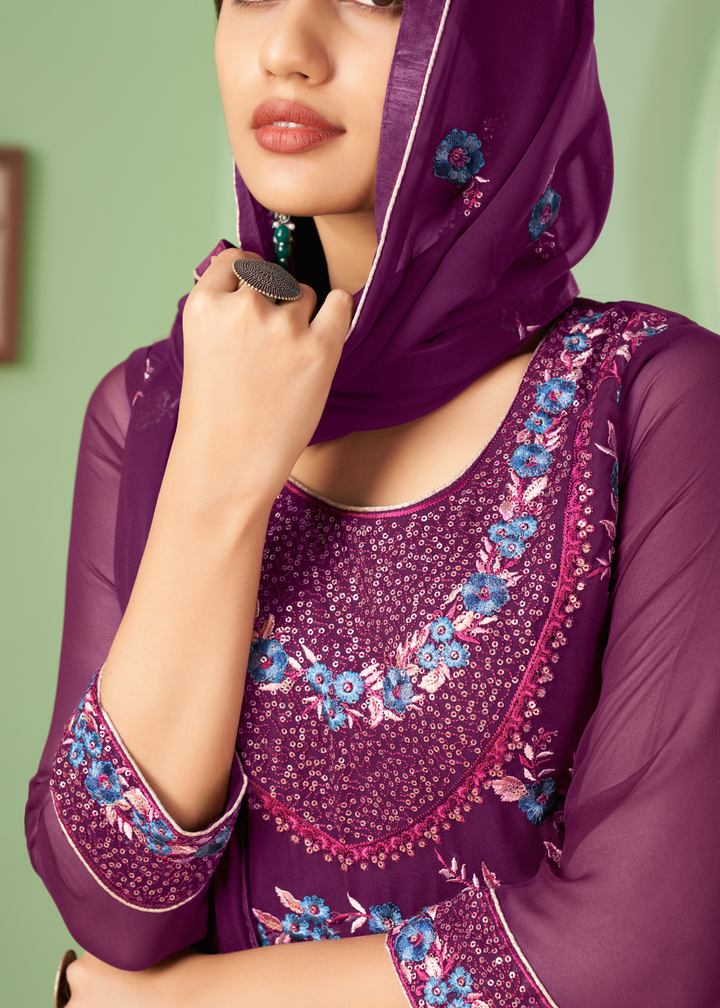 Lollipop Purple Georgette Salwar Suit with Multi Colour Thread Embroidery & Sequence work