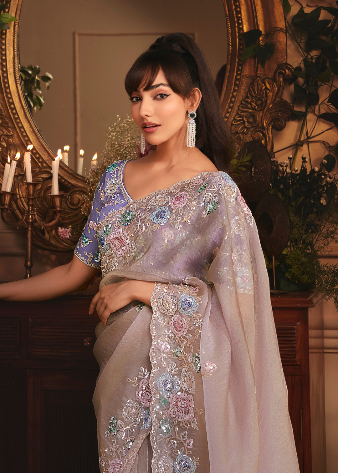 Lilac / Lavender Grey Tissue Organza Saree With Heavy Embroidery