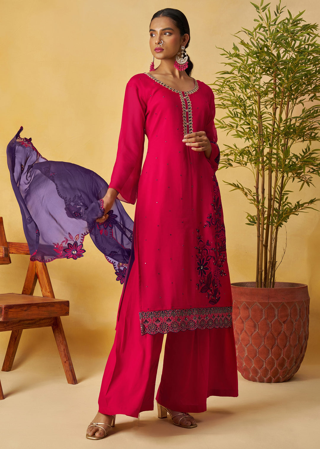 Bright Fuchsia Pink Salwar Suit with Deep Navy Dupatta