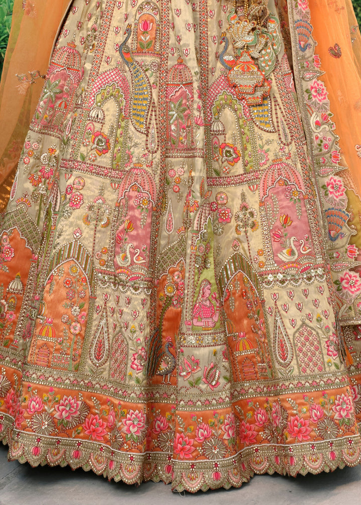 Beige & Orange Fancy Silk Lehenga Choli With Cut Work Embroidery Border & Stone Work
