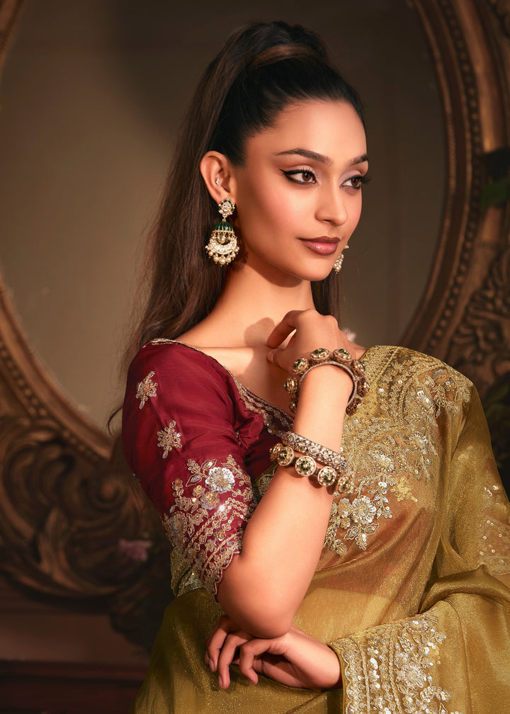 Olive Green Tissue Organza Saree With Heavy Embroidery