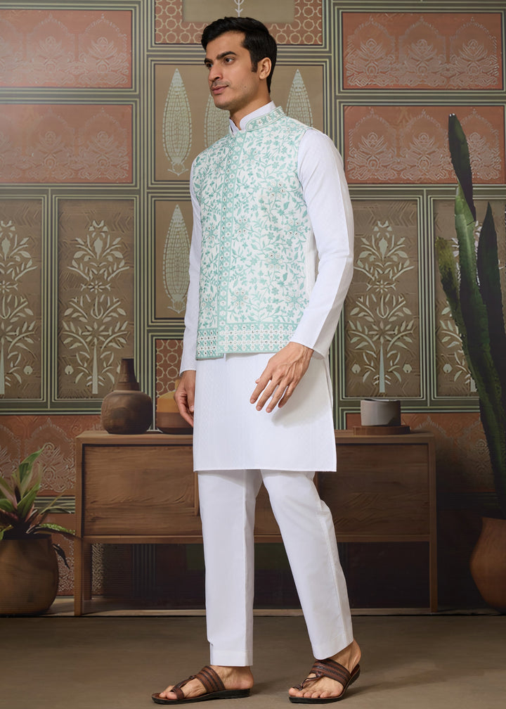White Kurta And Pant With Soft Pastel Mint Green And White Embroidered Nehru Jacket