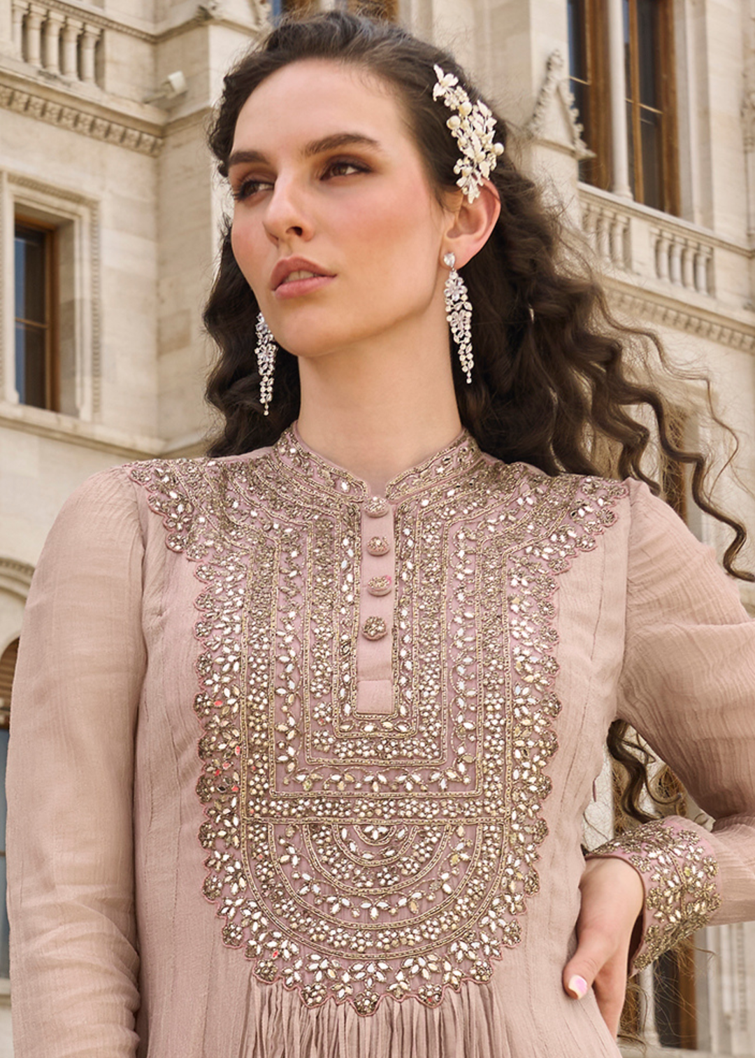 Dusty Rose Chinon Silk Gown with Dupatta