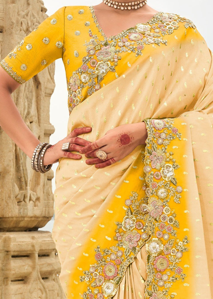 Light Yellow Silk Saree With Embroidery Cut and Butti Work