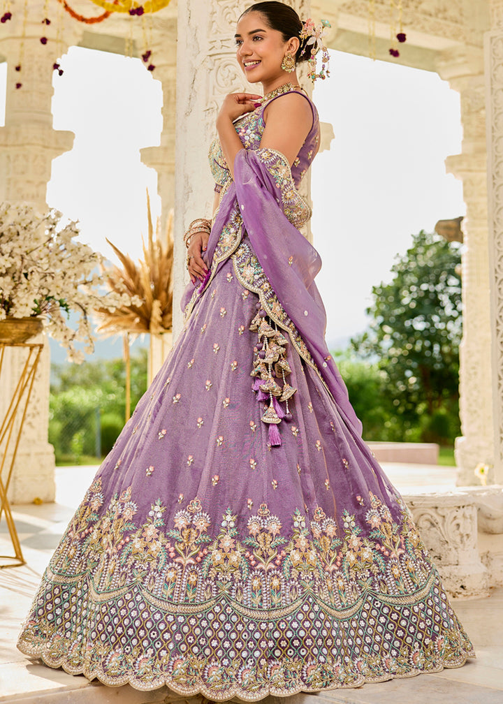 Purple Satin Silk Lehenga Choli with Sequinned Embroidered