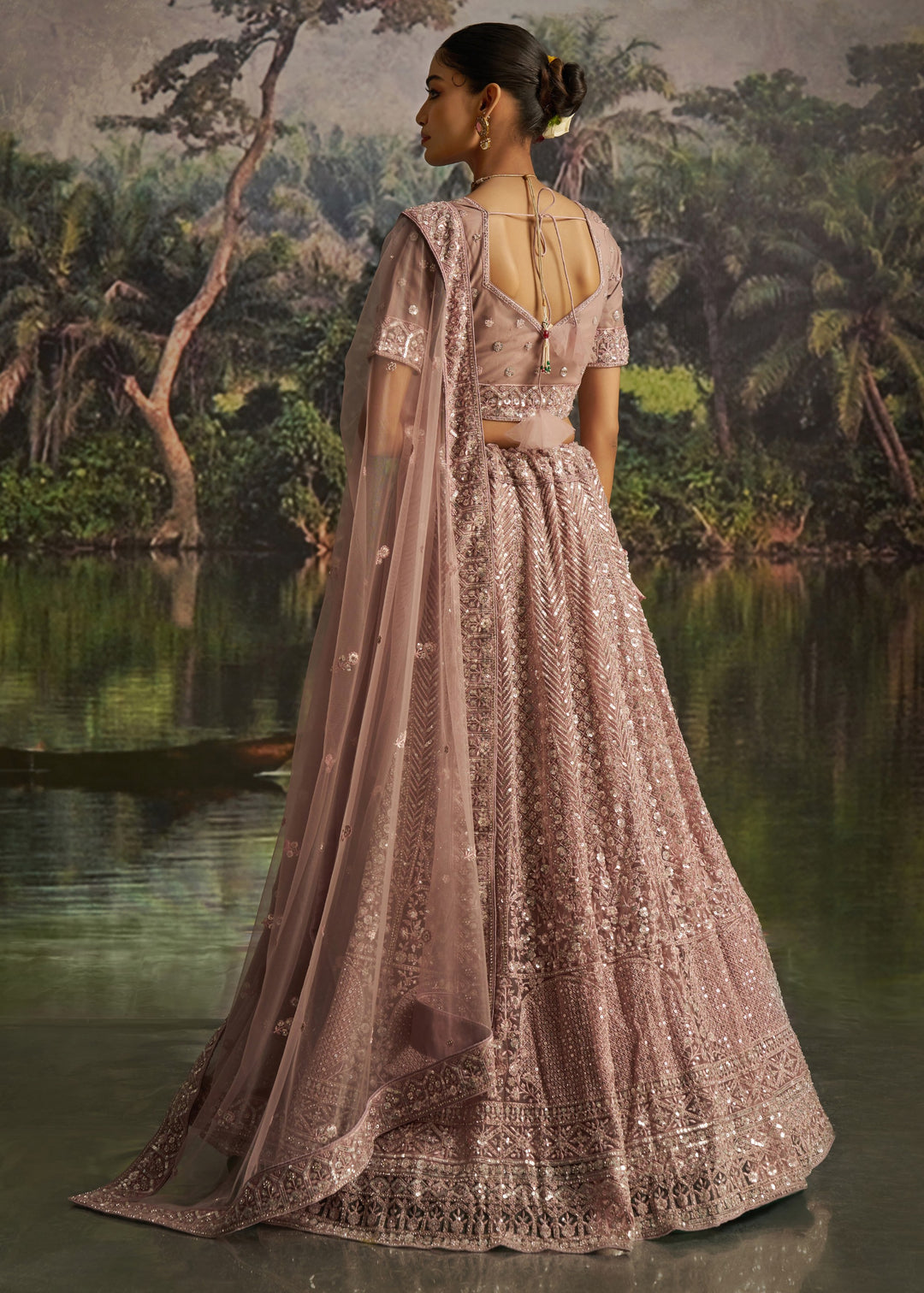 Mauve-pink Soft Net Lehenga with embroidery